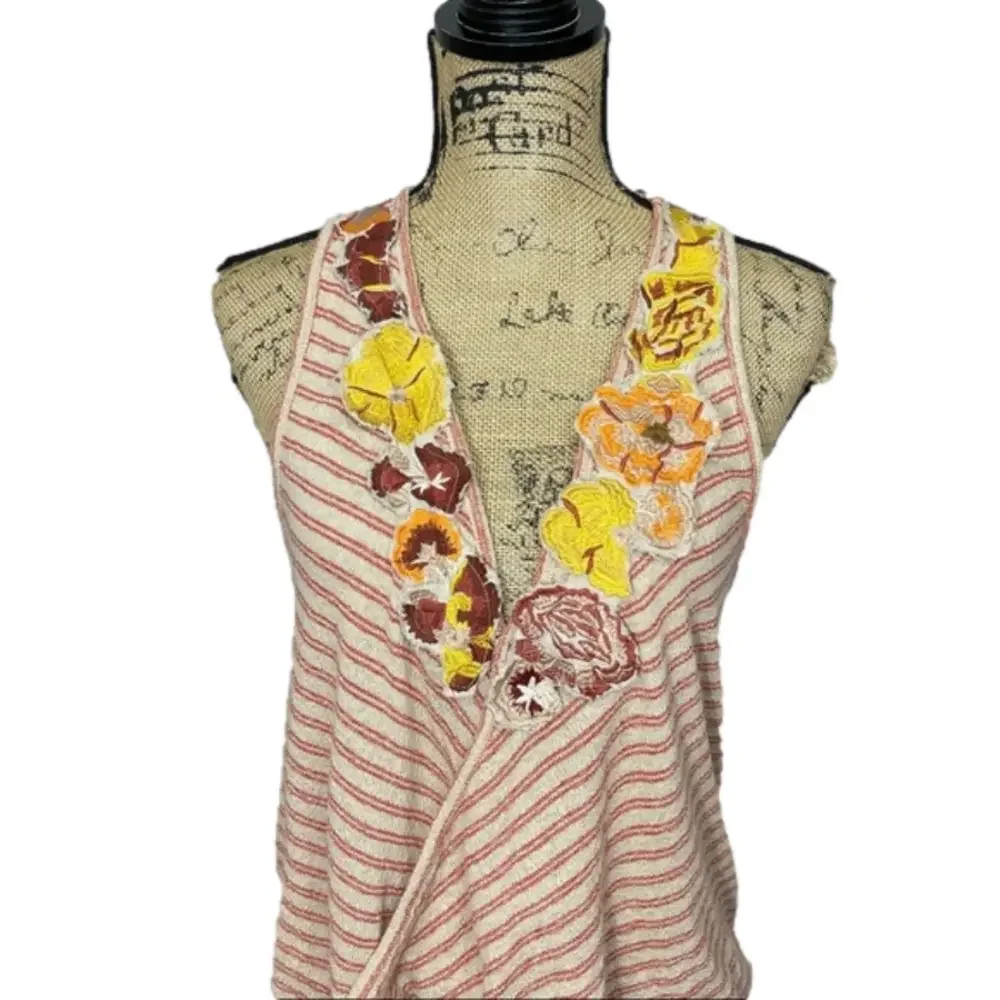 Free People Striped Surplice Tank Floral Appliqués